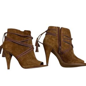 Vince Camuto Peep Toe Braided Suede Ankle Booties Brown Boho Size 9.5